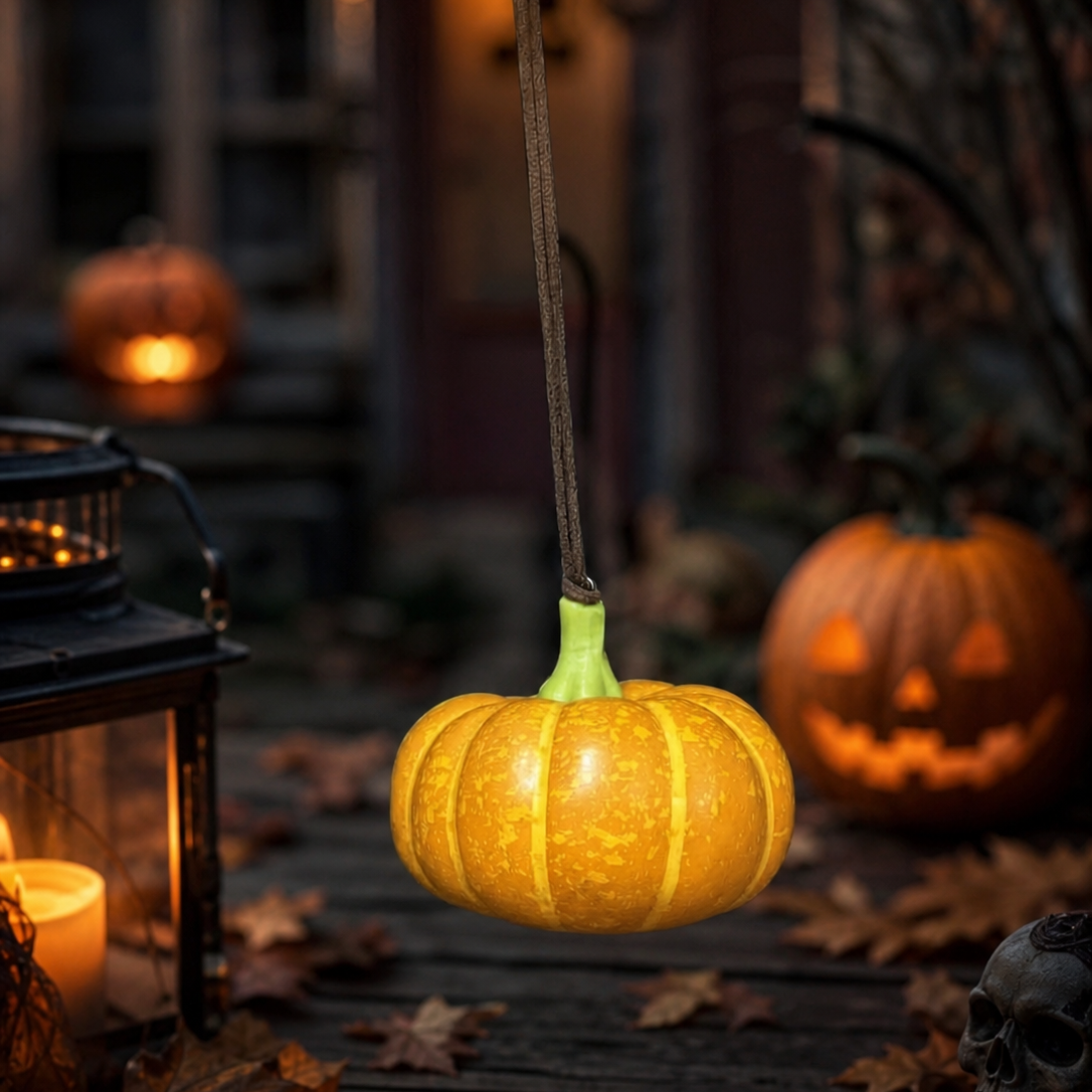 Mini foam pumpkin hanging decoration displayed in a Halloween setting with jack-o'-lanterns.