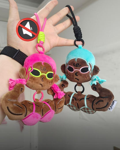 Collection of buff anime girl bag charms in pink and blue variations
