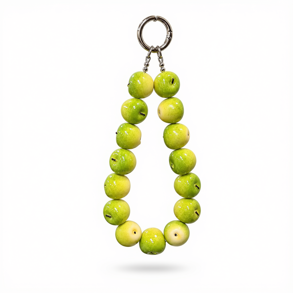 Green apple beaded phone strap with glossy resin fruit charms