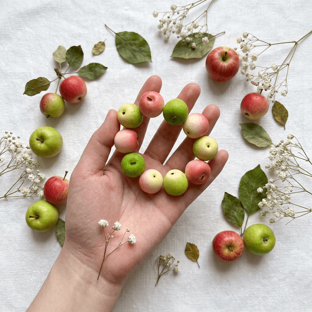 Hand-held pastel pink and pale green apple bead bracelet on a white linen surface decorated with miniature apples, fallen leaves, and dainty white flowers.
