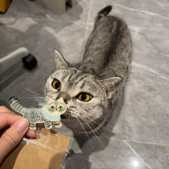 Customer photo showing a ceramic cat fridge magnet held beside a real cat