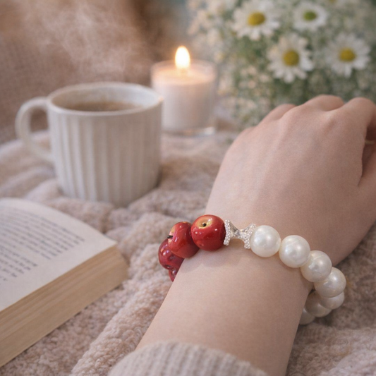 Cozy aesthetic shot of a model wearing a multi-apple pearl charm bracelet next to a warm cup of coffee and candle.