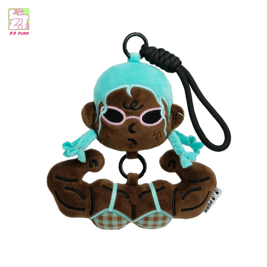 Blue hair funny muscle girl plush keychain with plaid bikini product shot
