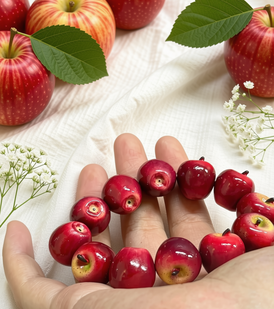 A bracelet made of glossy red apple-shaped beads with small stem details, held in a person's hand. 