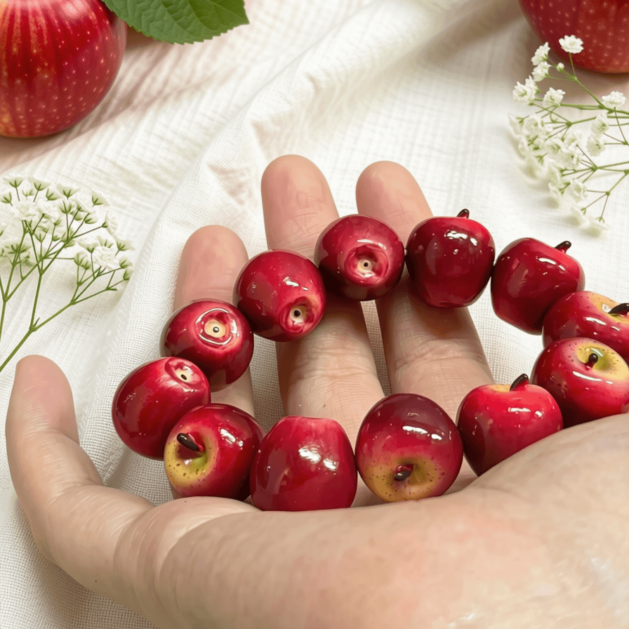 Handmade glossy red apple bead bracelet displayed on a hand against a clean, minimalist pink and cream studio background, showcasing the shiny finish.