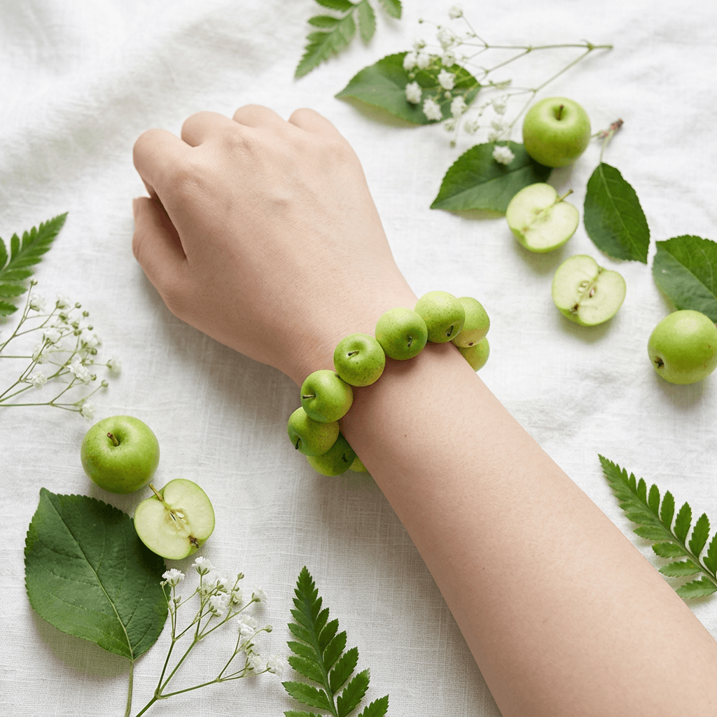 Green apple bead bracelet worn on the wrist, styled with fresh green apple slices and fern leaves on white linen for a cute cottagecore aesthetic.