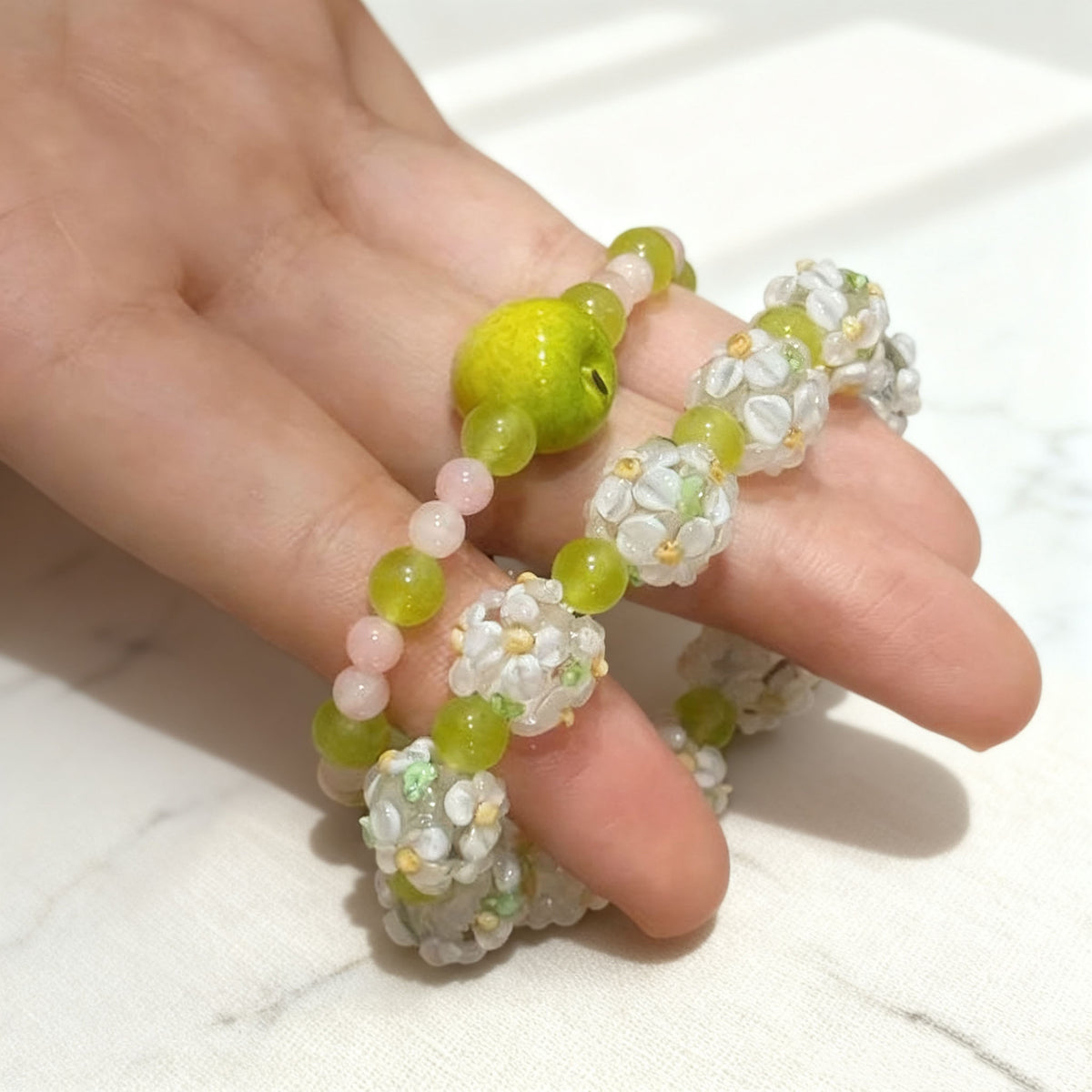 Green apple and flower two-piece beaded bracelet set