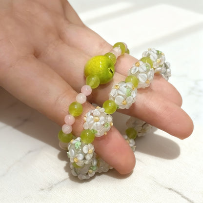 Green apple and flower two-piece beaded bracelet set