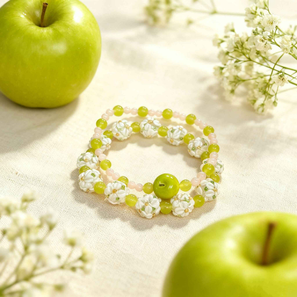 Stackable Beaded Bracelet – Handmade Apple & Flower Charms