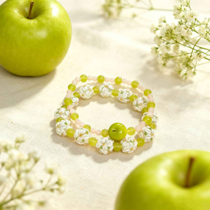 Stackable Beaded Bracelet – Handmade Apple & Flower Charms