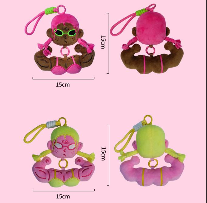 Size chart and color variations for funny muscle girl plush keychains