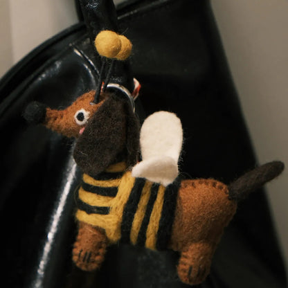 Handmade wool felt bumblebee dachshund bag charm