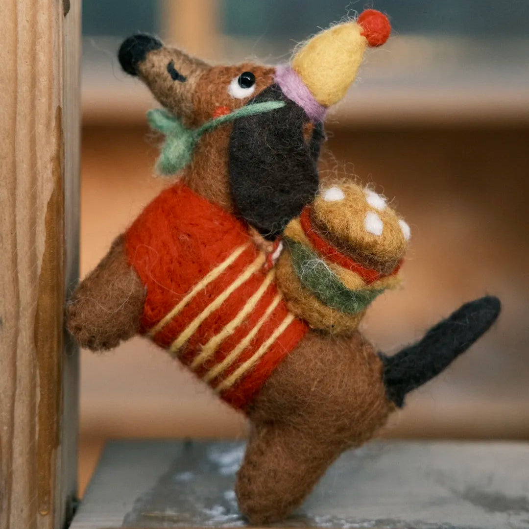 Handmade wool felt burger dachshund bag charm