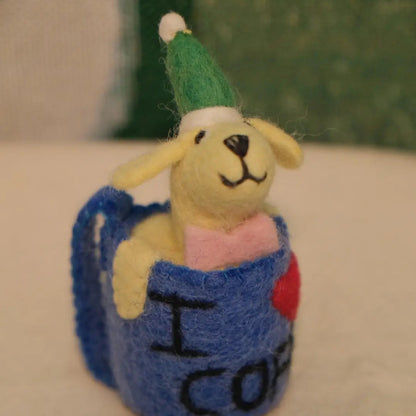 Handmade wool felt coffee dog bag charm