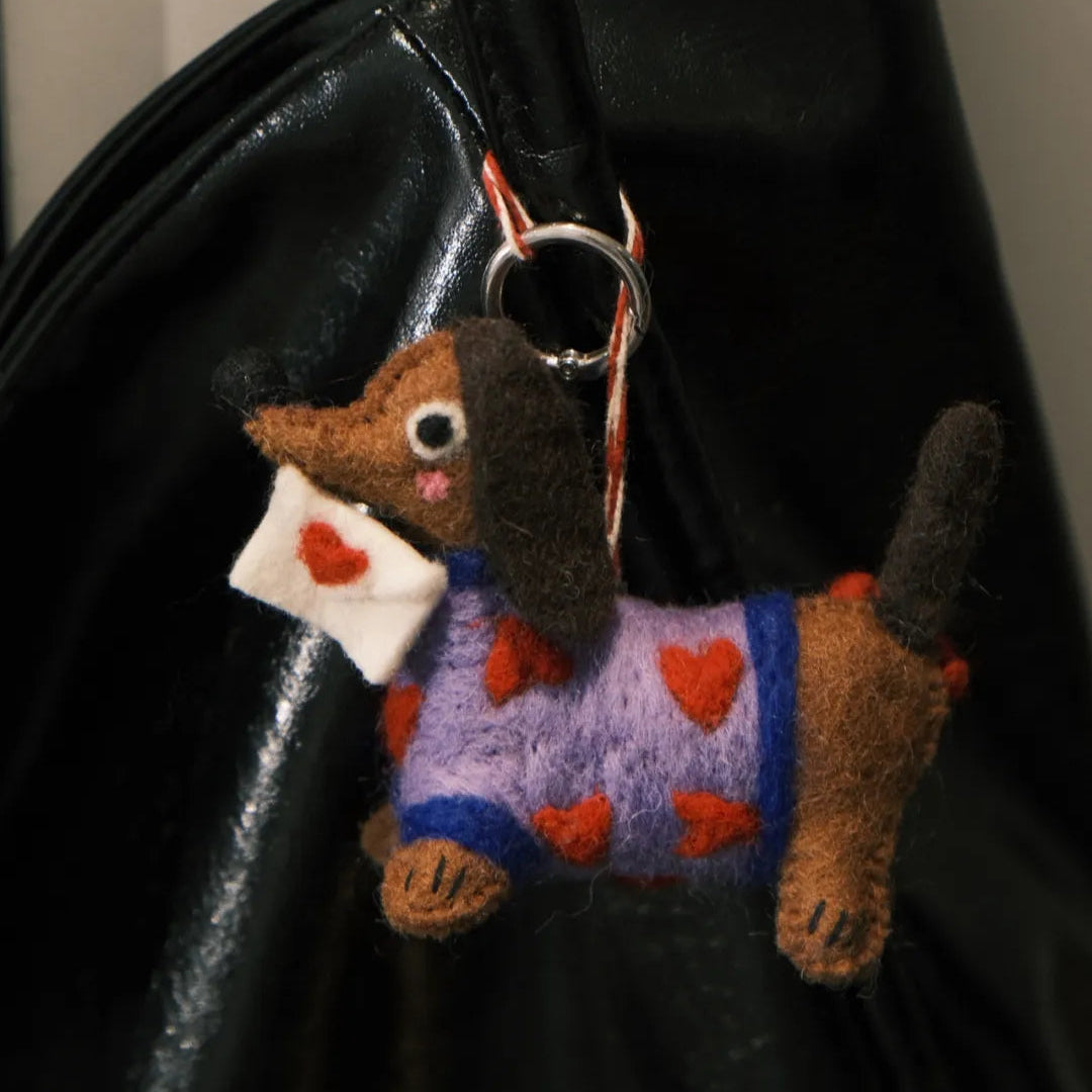 Handmade wool felt love letter dachshund bag charm with heart sweater