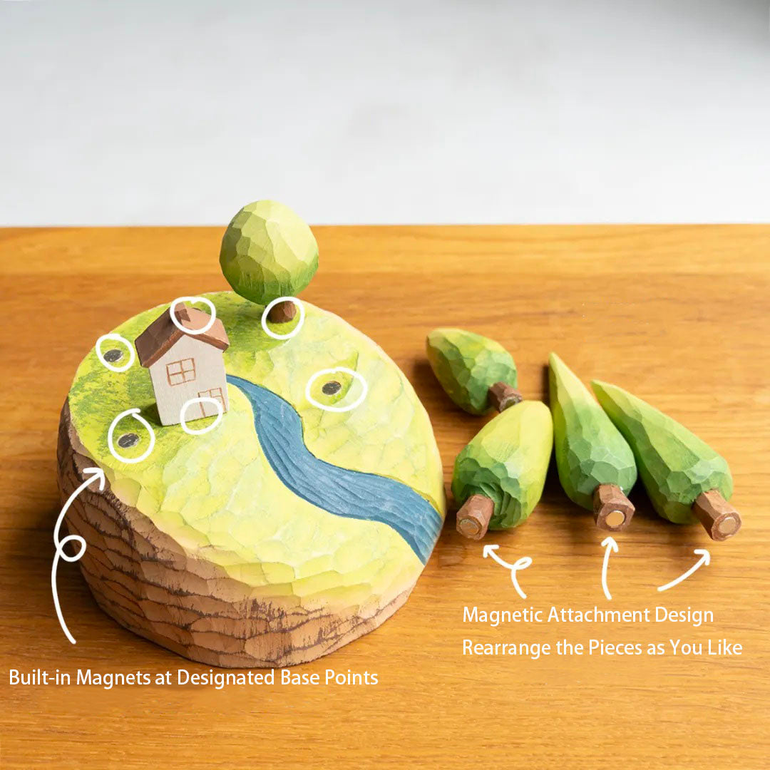Wooden forest landscape base with removable magnetic trees and cottage showing designated attachment points
