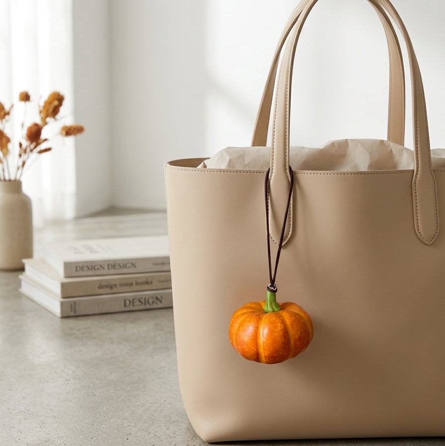 Mini foam pumpkin hanging charm displayed on a beige tote bag.