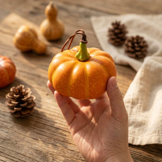 Mini foam pumpkin hanging decoration held in hand in a warm fall setting.