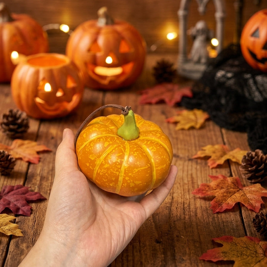 Mini foam pumpkin hanging decoration held in hand with Halloween decor in the background.