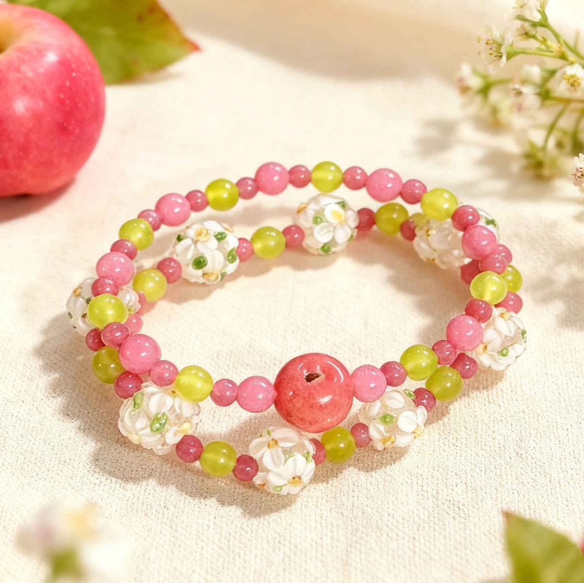 Stackable Beaded Bracelet – Handmade Apple & Flower Charms