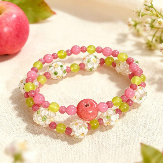 Stackable Beaded Bracelet – Handmade Apple & Flower Charms