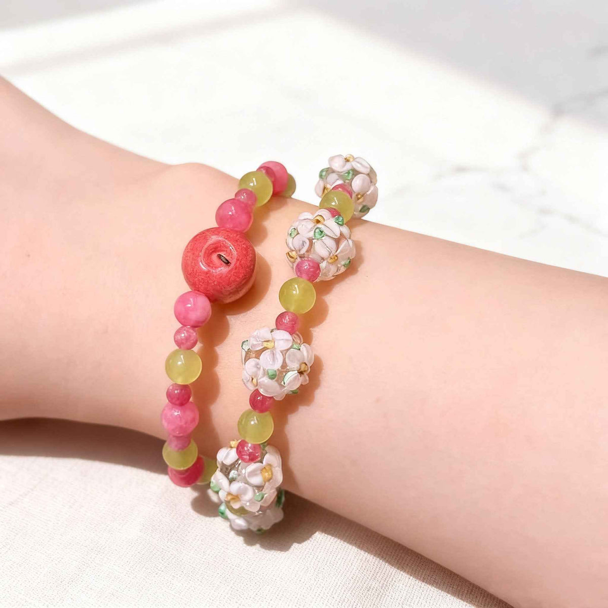 Stackable Beaded Bracelet – Handmade Apple & Flower Charms