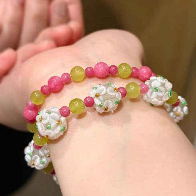 Stackable Beaded Bracelet – Handmade Apple & Flower Charms