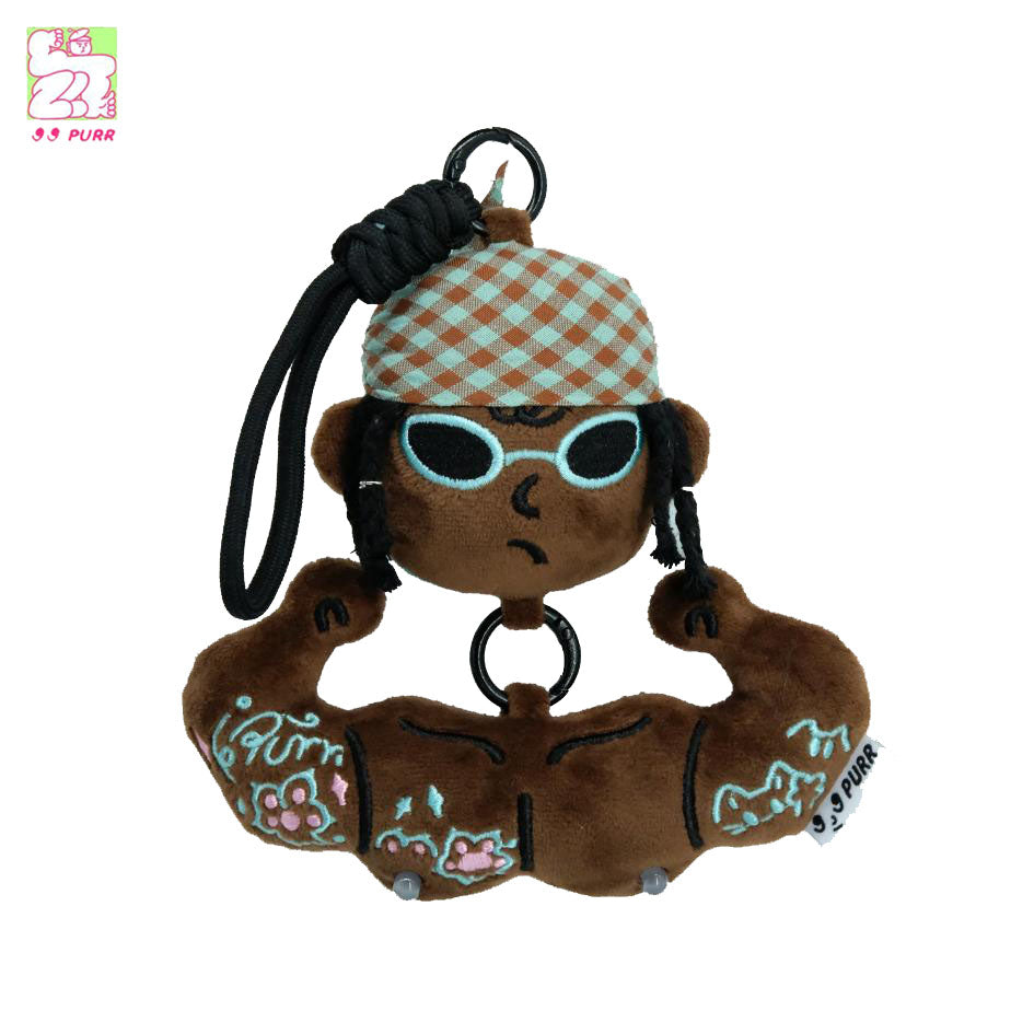 Brown plaid buff anime girl bag charm with black hair and sunglasses