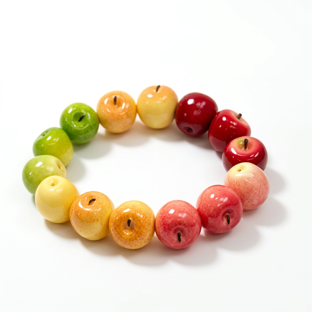 Rainbow apple bracelet with green, yellow, orange, pink, and red apple-shaped beads.
