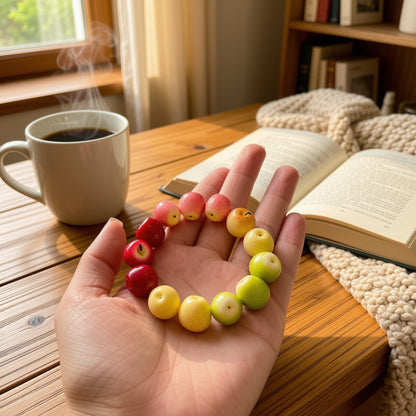 Colorful apple bead bracelet held in hand beside a book and coffee.