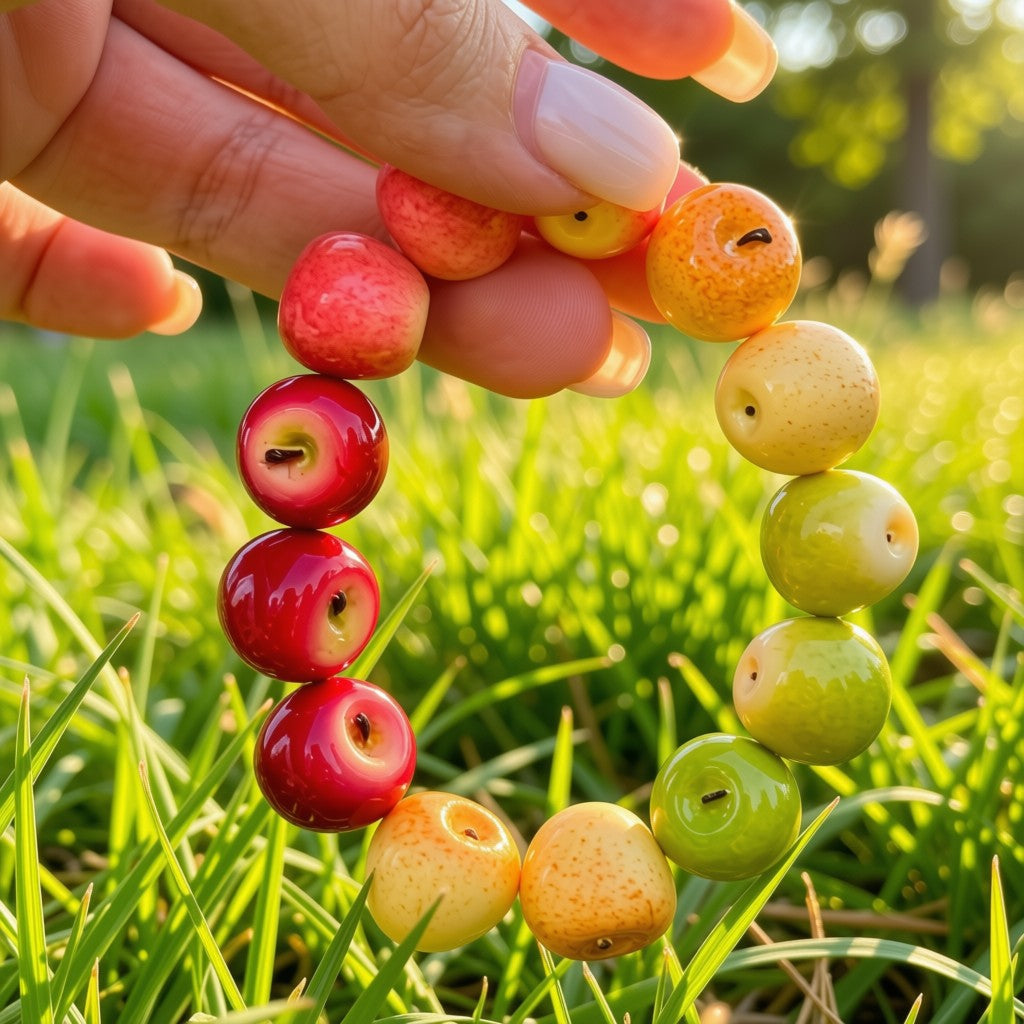 Close-up of a colorful apple bead bracelet held outdoors in natural light.