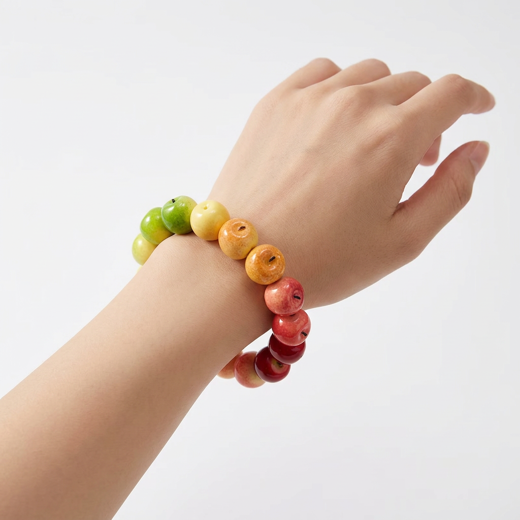 Rainbow apple bracelet worn on the wrist showing the colorful apple bead gradient.
