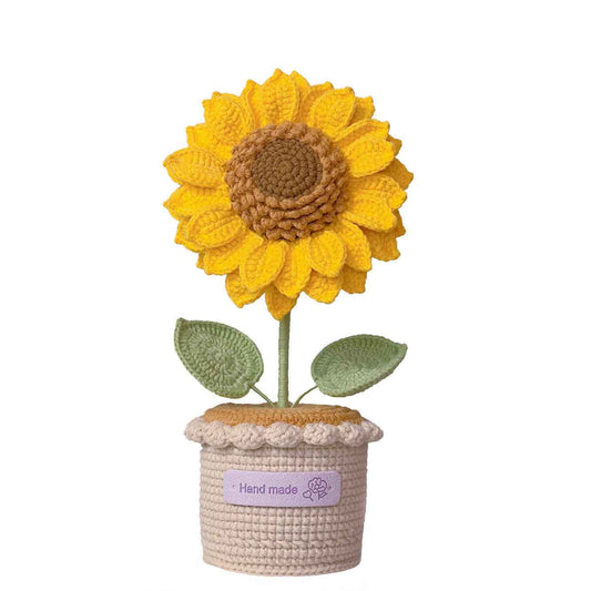 Handmade rotating crochet sunflower in a weighted pot