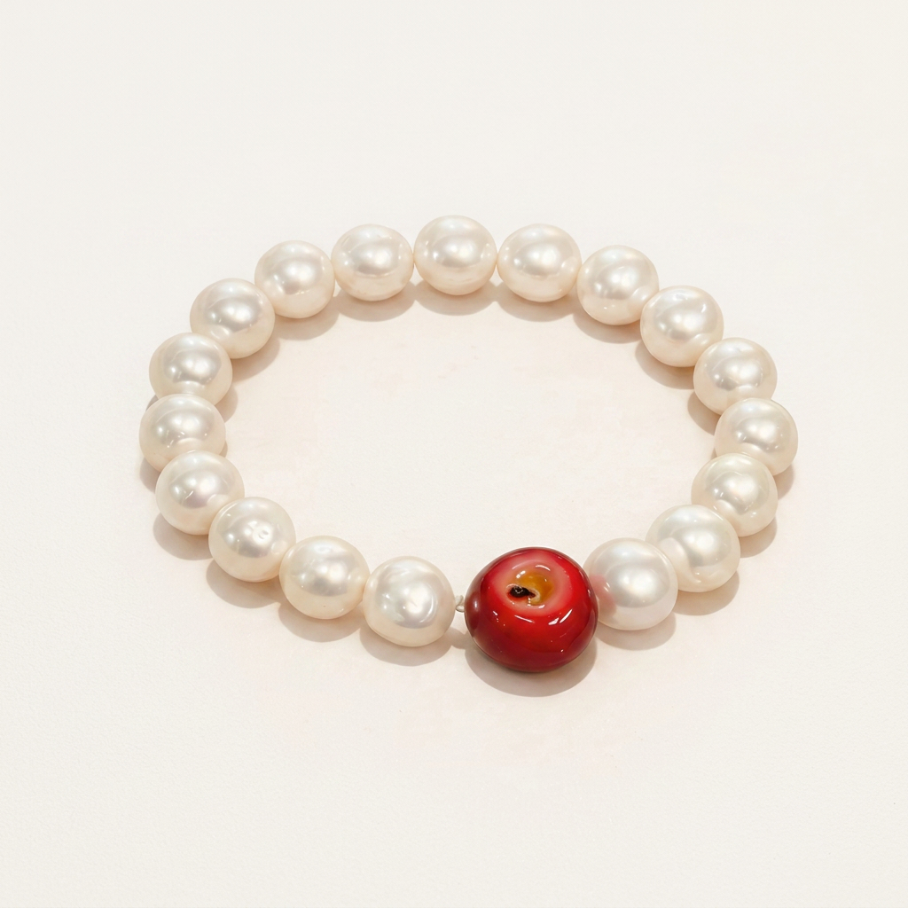 Flat lay product photograph of a white freshwater pearl bracelet accented with one red apple bead on a warm beige backdrop.