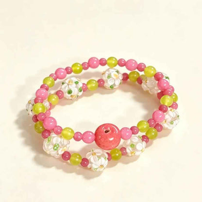 Stackable Beaded Bracelet – Handmade Apple & Flower Charms