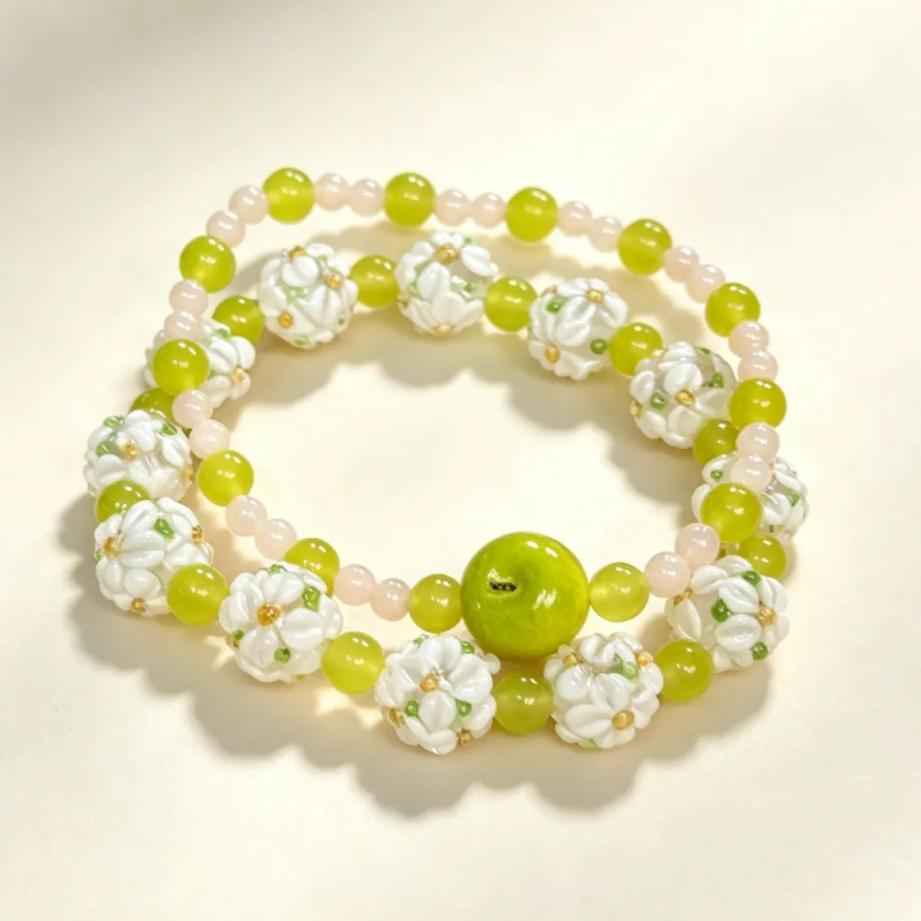 Stackable Beaded Bracelet – Handmade Apple & Flower Charms