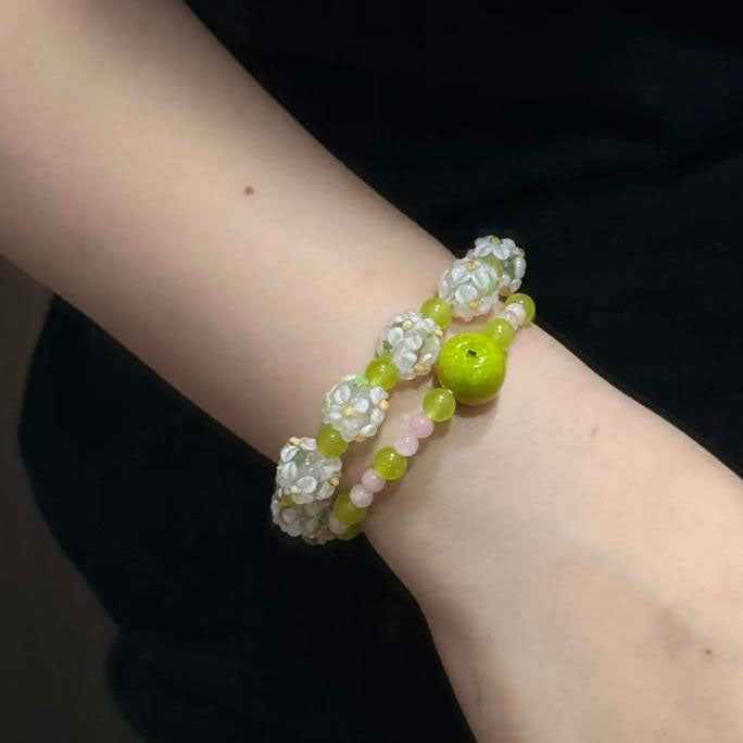 Stackable Beaded Bracelet – Handmade Apple & Flower Charms