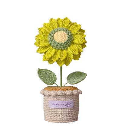 Yellow and green crochet sunflower in handmade pot